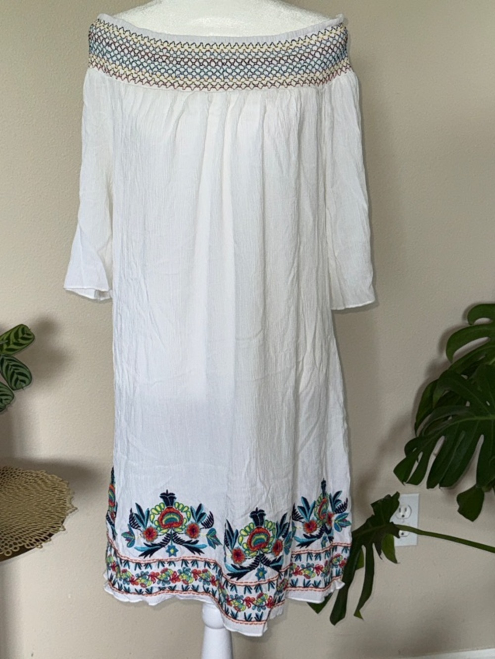 White Off-Shoulder Embroidered Boho Swim Cover or Dress, XL 14-16